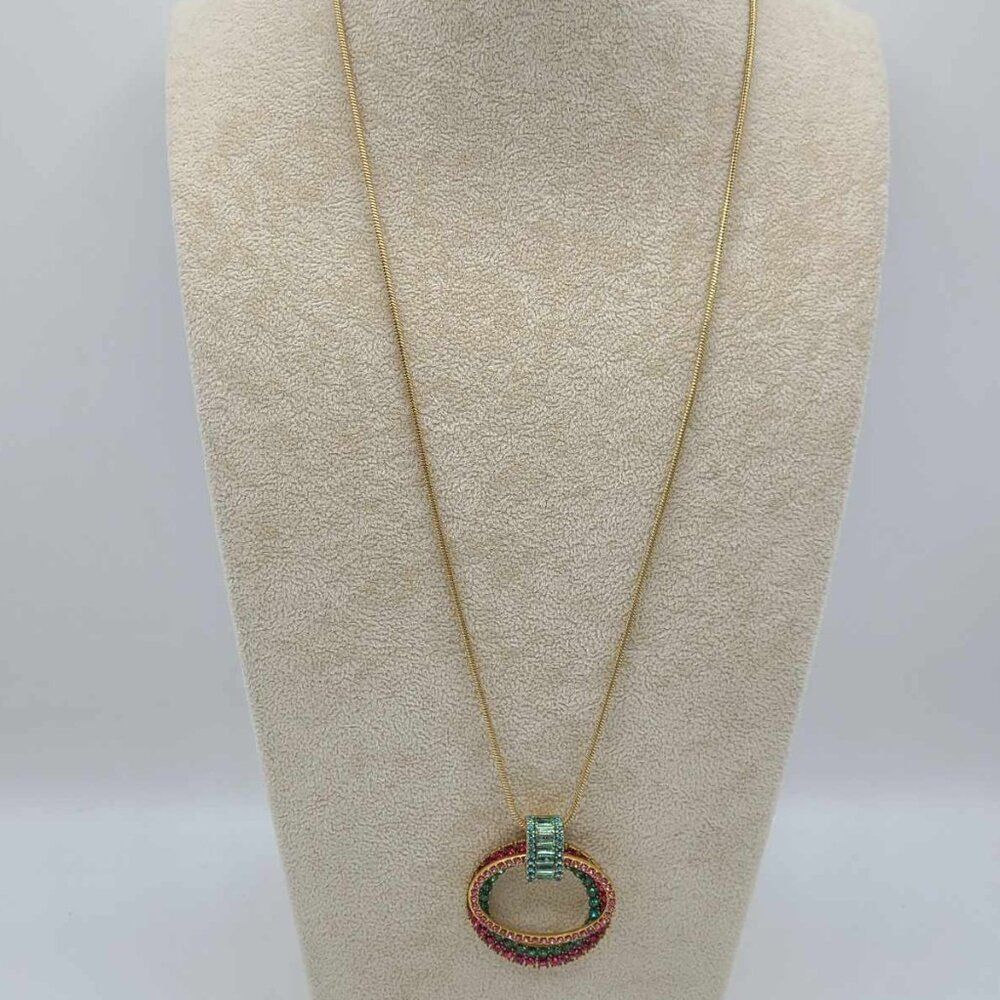 J Crew Multi Color Crystal Oval Circle Pendant on a Snake Chain